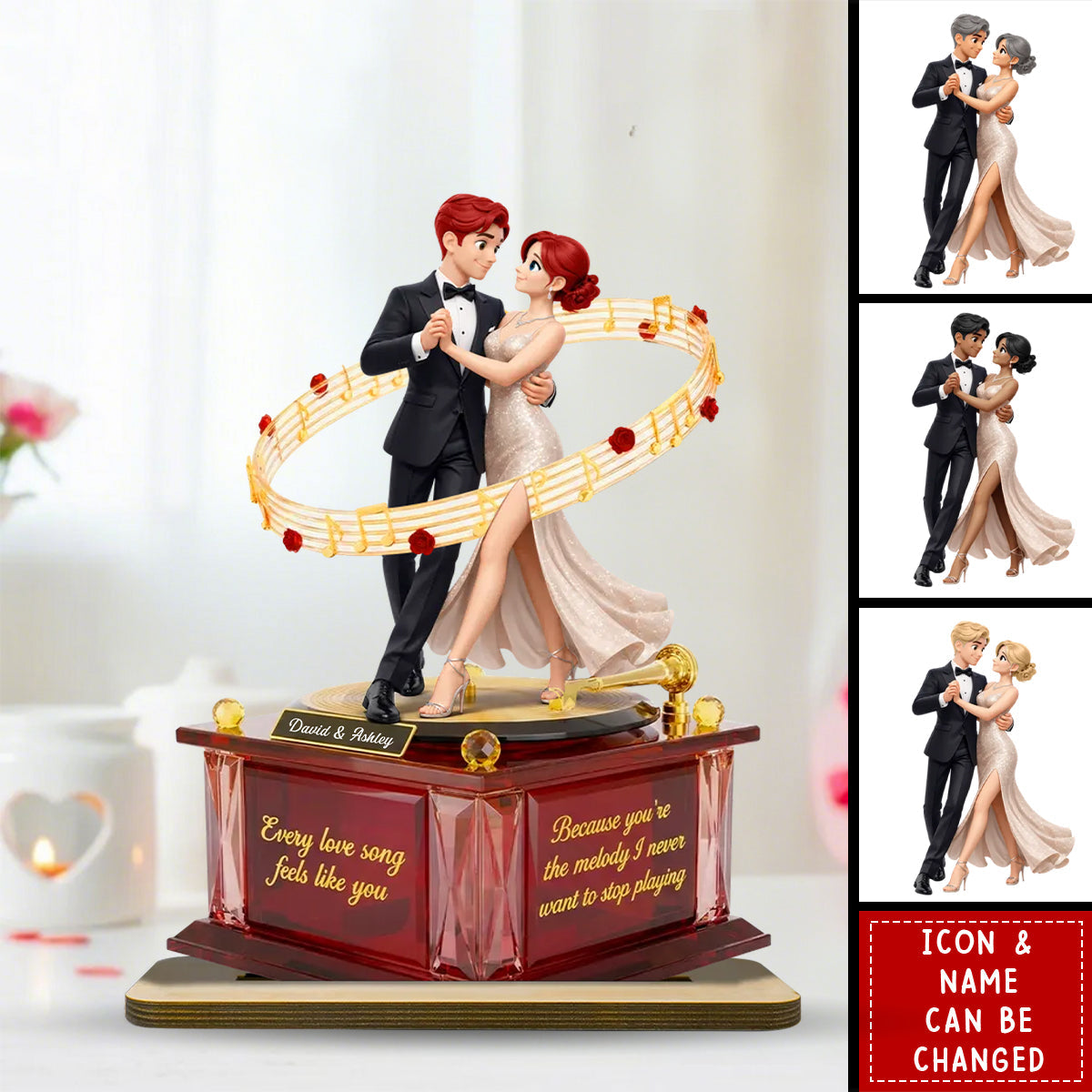 Personalized Couple Dancing Rotating 2-Layered Wooden Plaque With Names & Icons - Wedding Keepsake Valentine's Day Gift For Husband & Wife