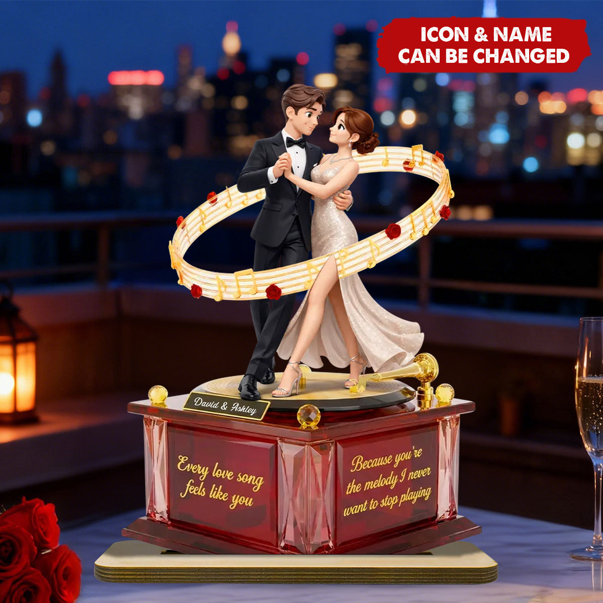 Personalized Couple Dancing Rotating 2-Layered Wooden Plaque With Names & Icons - Wedding Keepsake Valentine's Day Gift For Husband & Wife