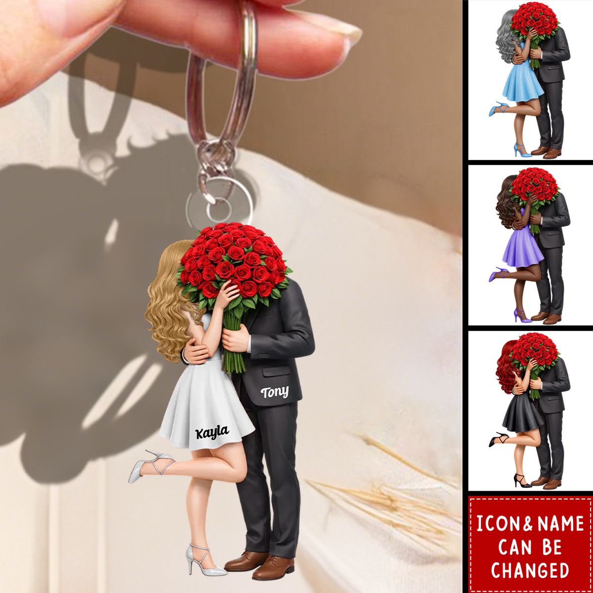 Personalized Kissing Couple Acrylic Keychain With Names & Icons - Anniversary Valentine's Day Gift For Couple & Partner