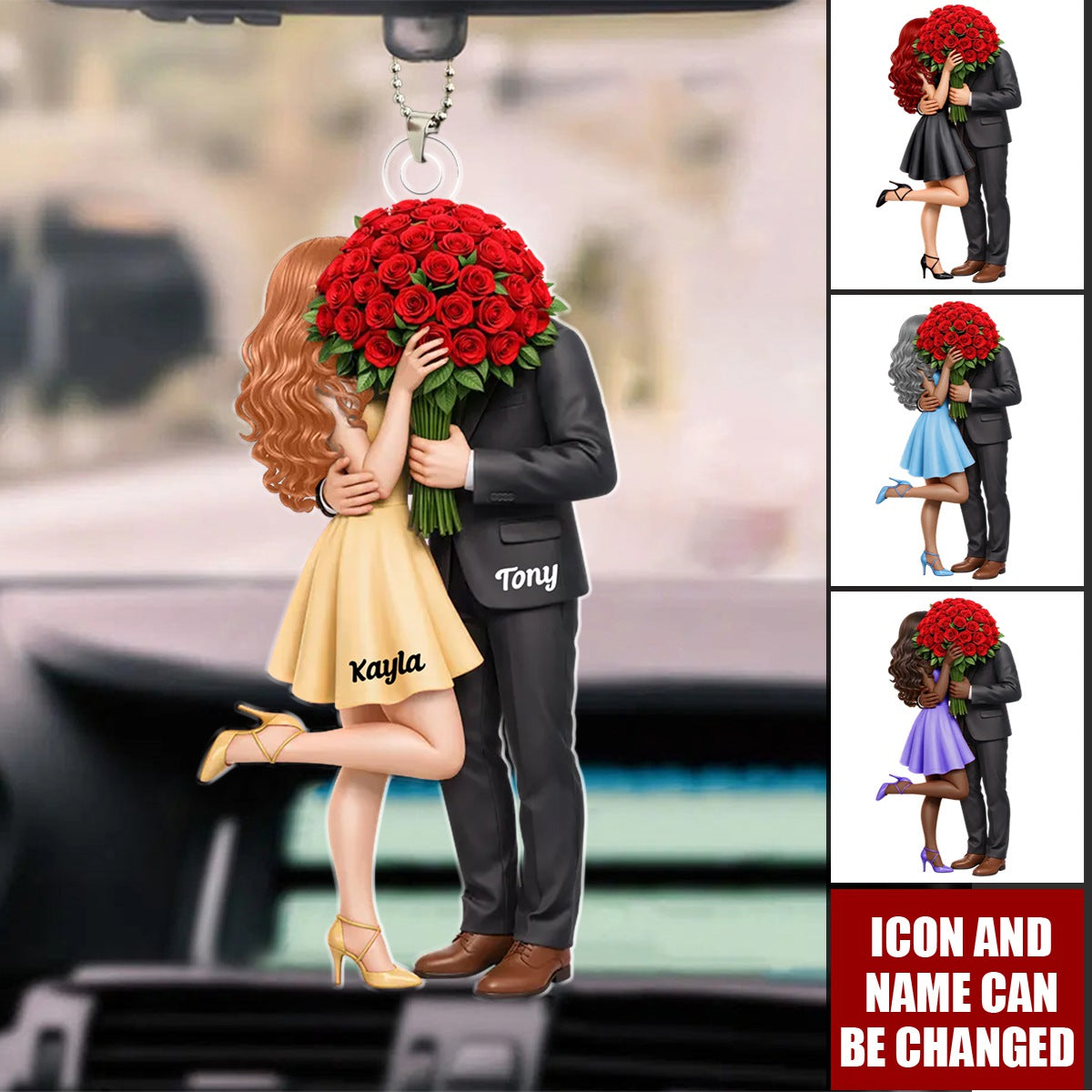 Personalized Elegant Romantic Couple Acrylic Car Ornament With Names & Icons | Unique Valentine's Day Anniversary Gift For Partners & Couples