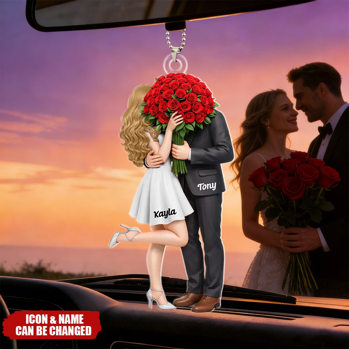 Personalized Elegant Romantic Couple Acrylic Car Ornament With Names & Icons | Unique Valentine's Day Anniversary Gift For Partners & Couples