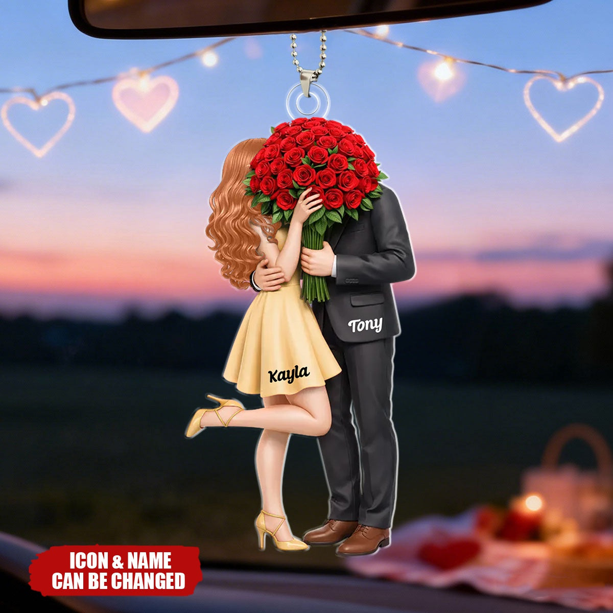 Personalized Elegant Romantic Couple Acrylic Car Ornament With Names & Icons | Unique Valentine's Day Anniversary Gift For Partners & Couples