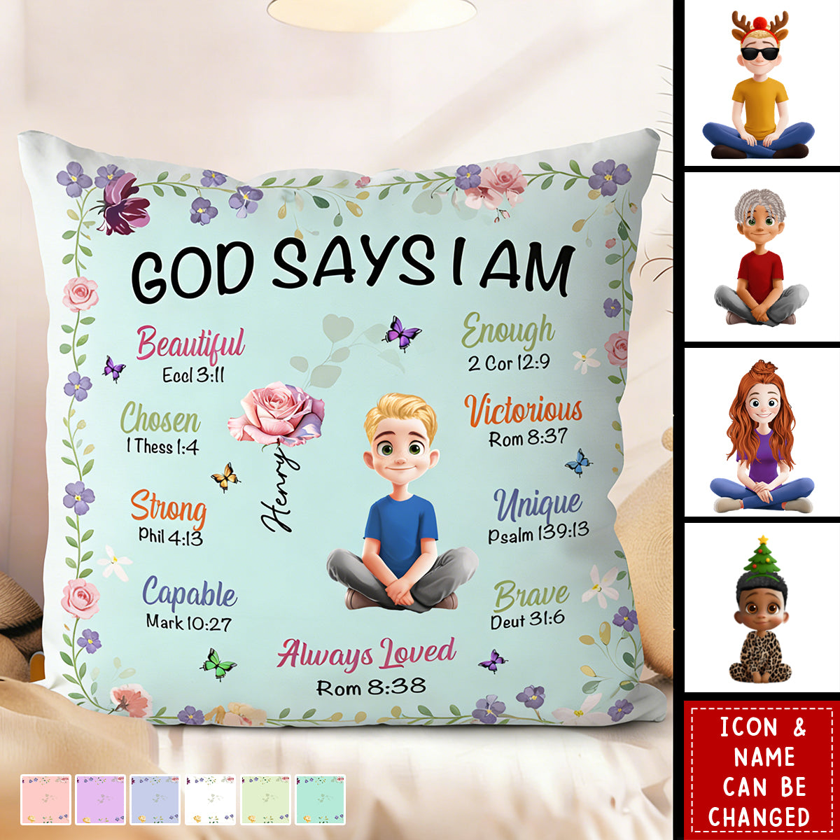 Personalized Birth Flower Pillow With Kid's Name & Icon & Color | God Says I Am | Inspirational Baptism Birthday Gift For Boys & Girls