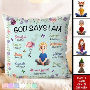 Personalized Birth Flower Pillow With Kid's Name & Icon & Color | God Says I Am | Inspirational Baptism Birthday Gift For Boys & Girls