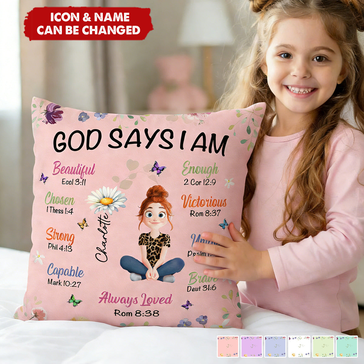 Personalized Birth Flower Pillow With Kid's Name & Icon & Color | God Says I Am | Inspirational Baptism Birthday Gift For Boys & Girls