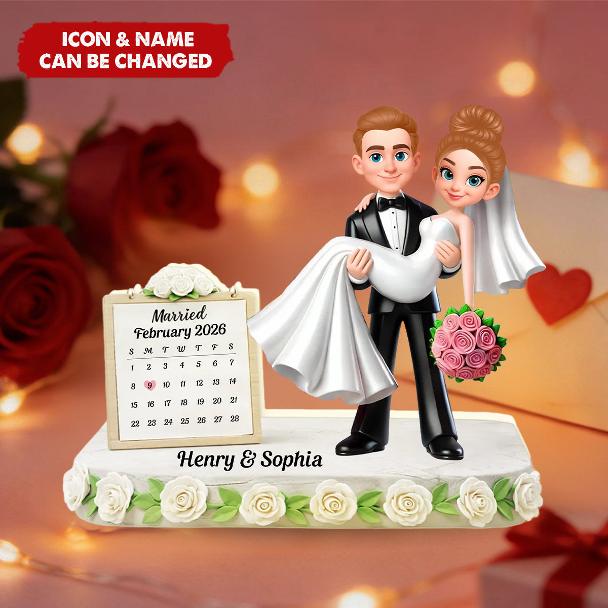 Personalized "Married Since" Calendar Acrylic Light Box With Names & Icons - Anniversary Valentine's Day Gift For Newlyweds & Couples