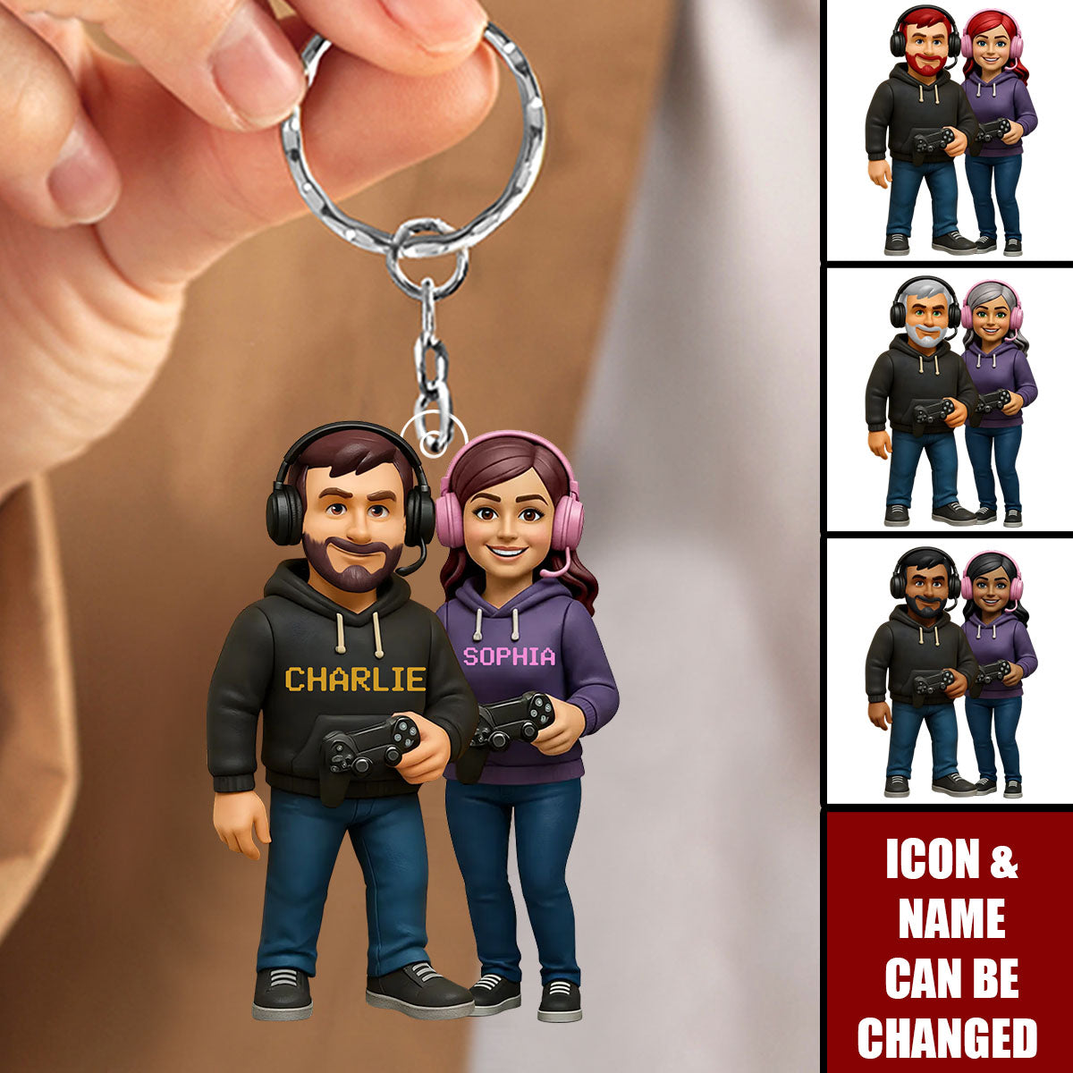 Personalized 3D Effect Gamer Couple Acrylic Keyring With Names & Icons - Unique Anniversary Valentine's Gift For Game Lovers