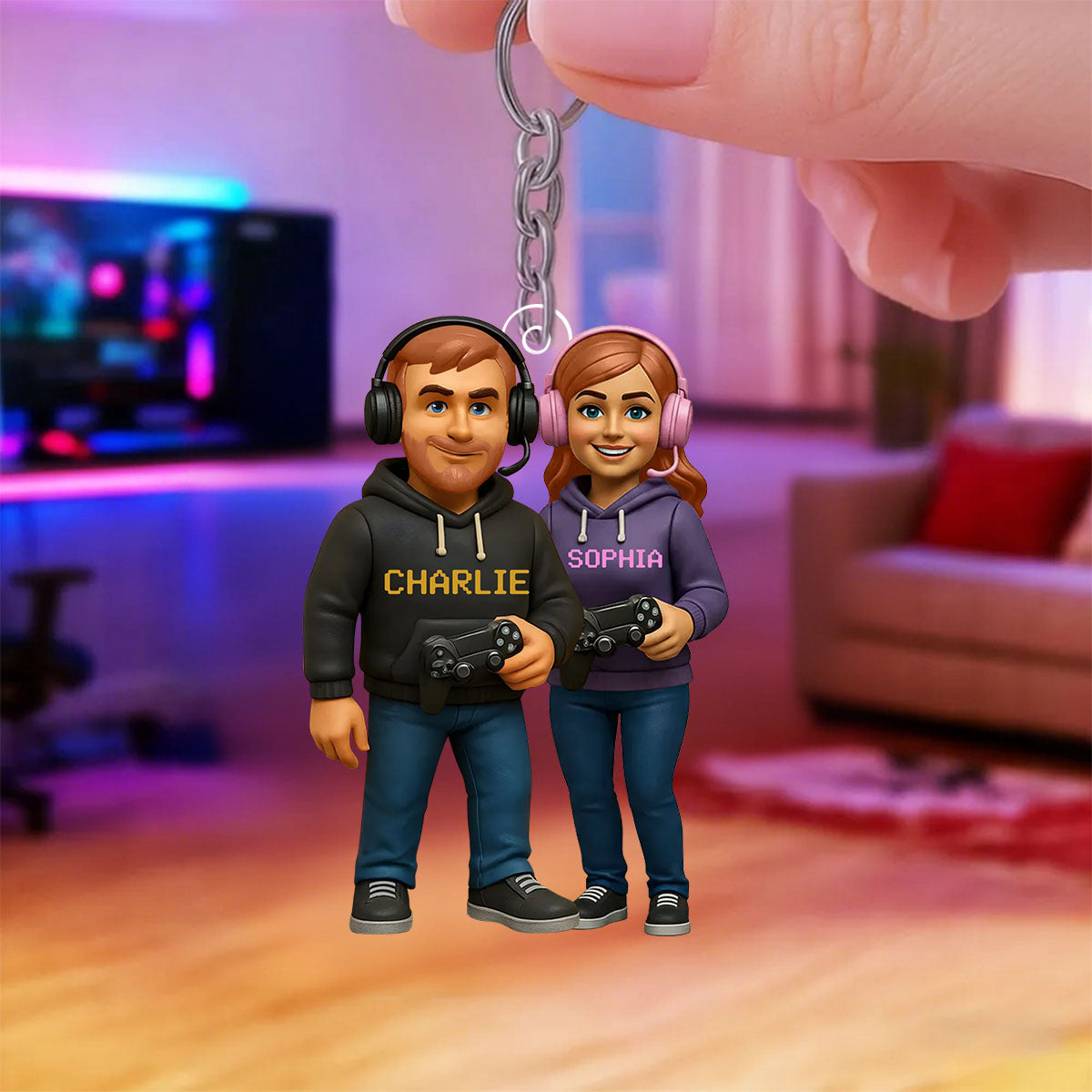 Personalized 3D Effect Gamer Couple Acrylic Keyring With Names & Icons - Unique Anniversary Valentine's Gift For Game Lovers