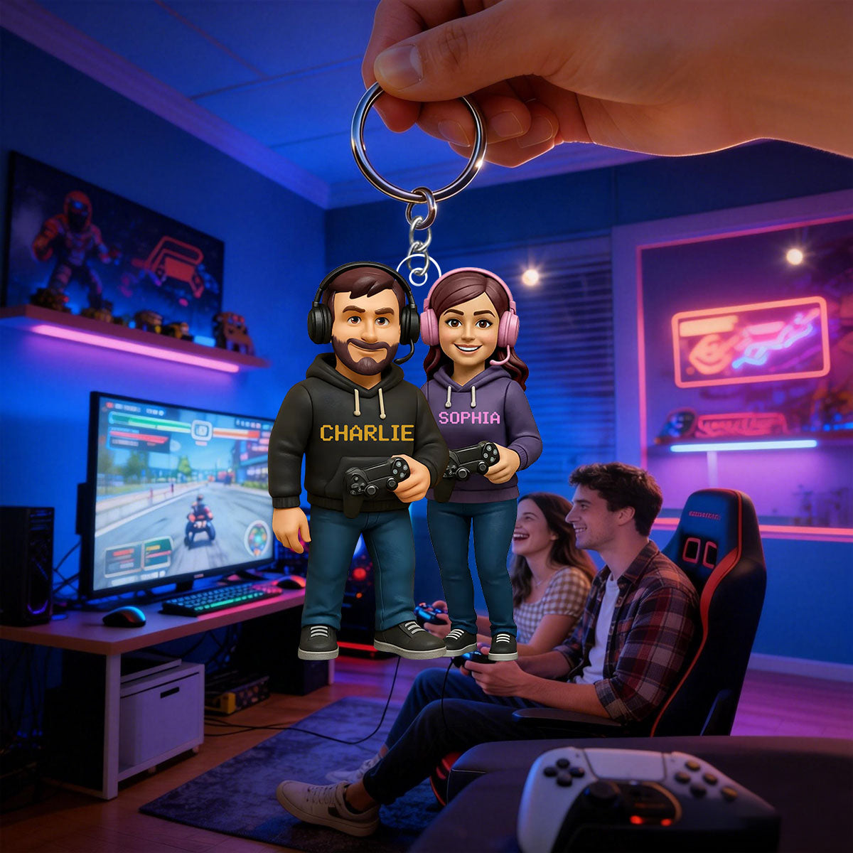 Personalized 3D Effect Gamer Couple Acrylic Keyring With Names & Icons - Unique Anniversary Valentine's Gift For Game Lovers
