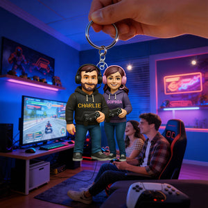 Personalized 3D Effect Gamer Couple Acrylic Keyring With Names & Icons - Unique Anniversary Valentine's Gift For Game Lovers