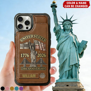 Personalized Patriotic USA 250th Anniversary Leather Wallet Phone Case With Name & Color - Unique 2026 Independence Day Gift For Patriotic Men & Women