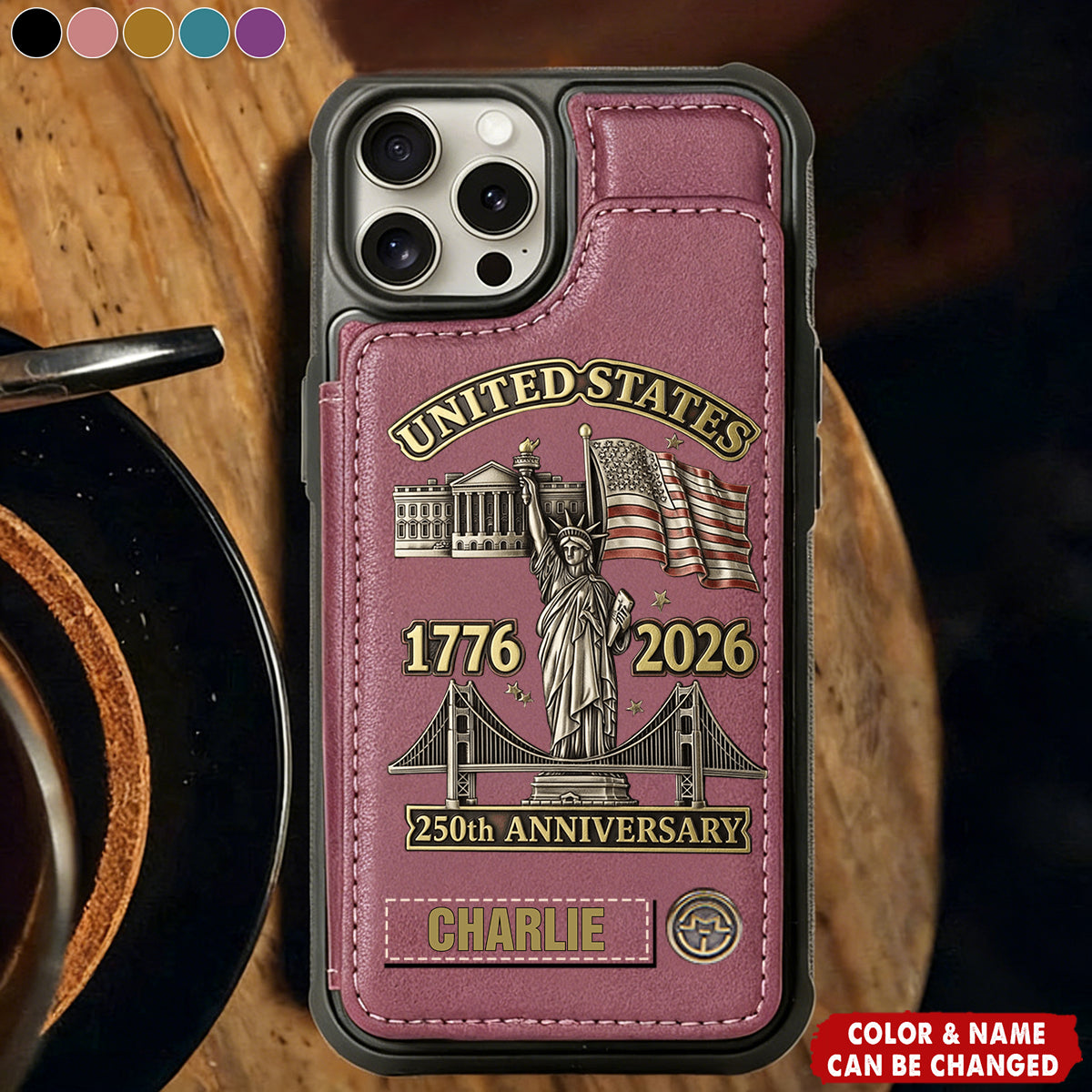 Personalized Patriotic USA 250th Anniversary Leather Wallet Phone Case With Name & Color - Unique 2026 Independence Day Gift For Patriotic Men & Women