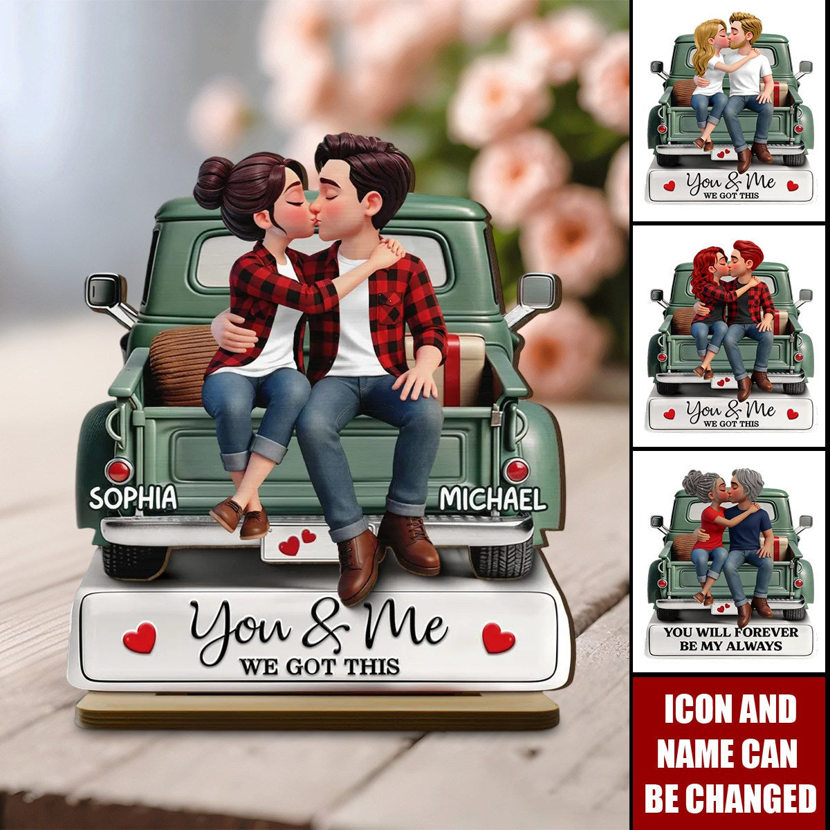 Personalized Truck Couple Kissing 2-Layered Wooden Plaque With Names & Icons - Anniversary Valentine's Day Gift For Country Lovers