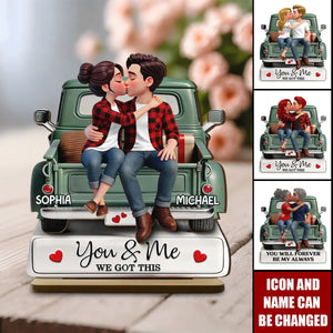 Personalized Truck Couple Kissing 2-Layered Wooden Plaque With Names & Icons - Anniversary Valentine's Day Gift For Country Lovers