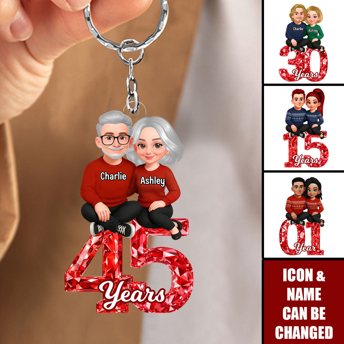 Personalized Couple Sitting Anniversary Date Keychain With Names & Year & Icons | Sentimental Valentine's Day Gift For Boyfriend Girlfriend