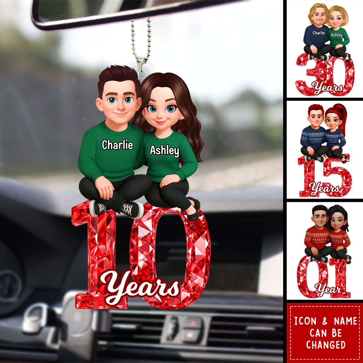 Personalized Couple Sitting Anniversary Date Crystal Effect Car Ornament With Names & Year & Icons | Sentimental Valentine’s Day Gift For Husband Wife