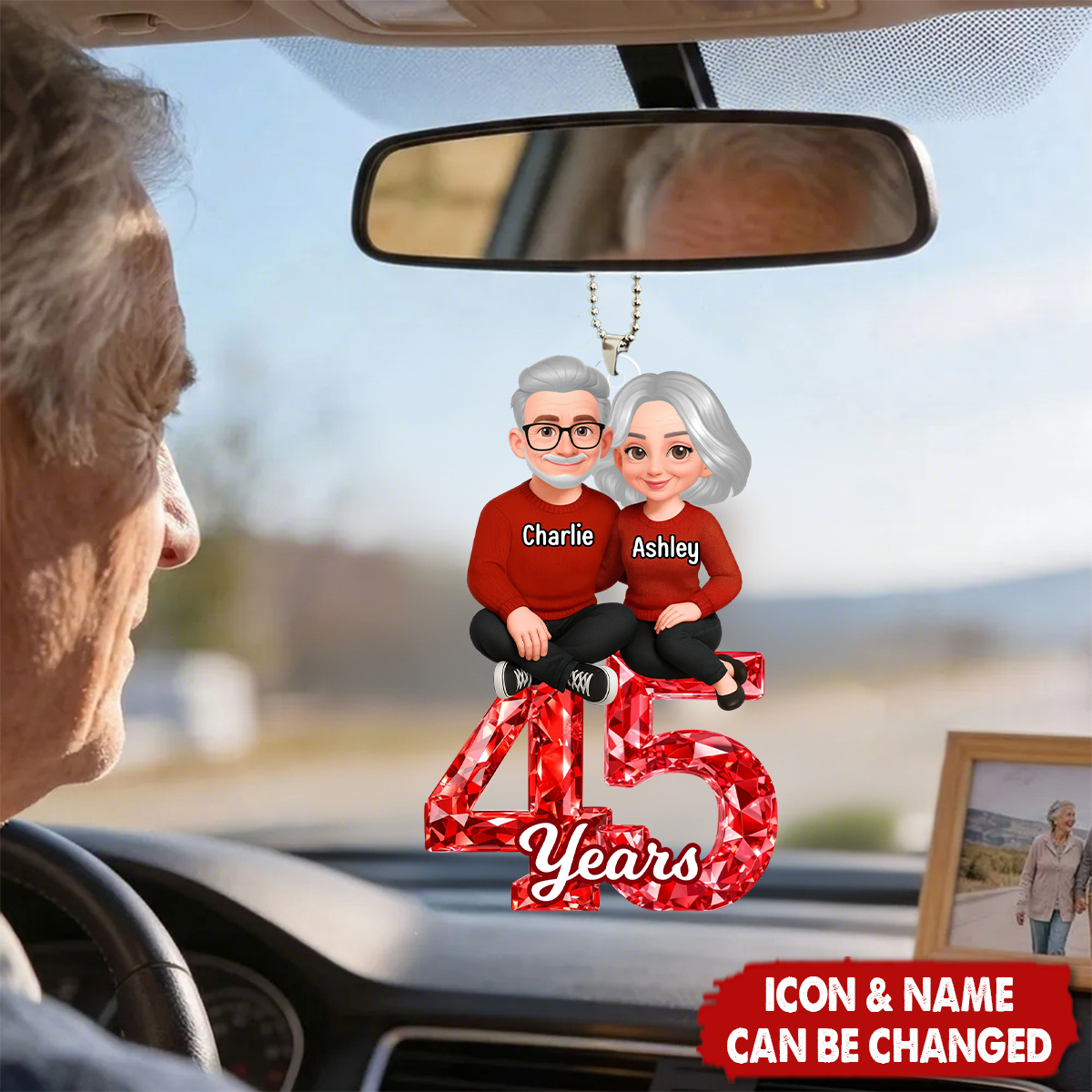 Personalized Couple Sitting Anniversary Date Crystal Effect Car Ornament With Names & Year & Icons | Sentimental Valentine’s Day Gift For Husband Wife