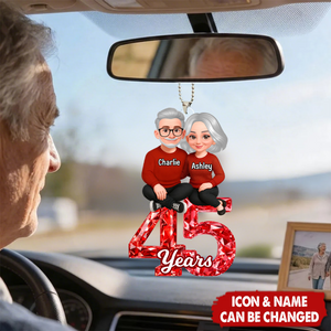 Personalized Couple Sitting Anniversary Date Crystal Effect Car Ornament With Names & Year & Icons | Sentimental Valentine’s Day Gift For Husband Wife
