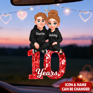 Personalized Couple Sitting Anniversary Date Crystal Effect Car Ornament With Names & Year & Icons | Sentimental Valentine’s Day Gift For Husband Wife