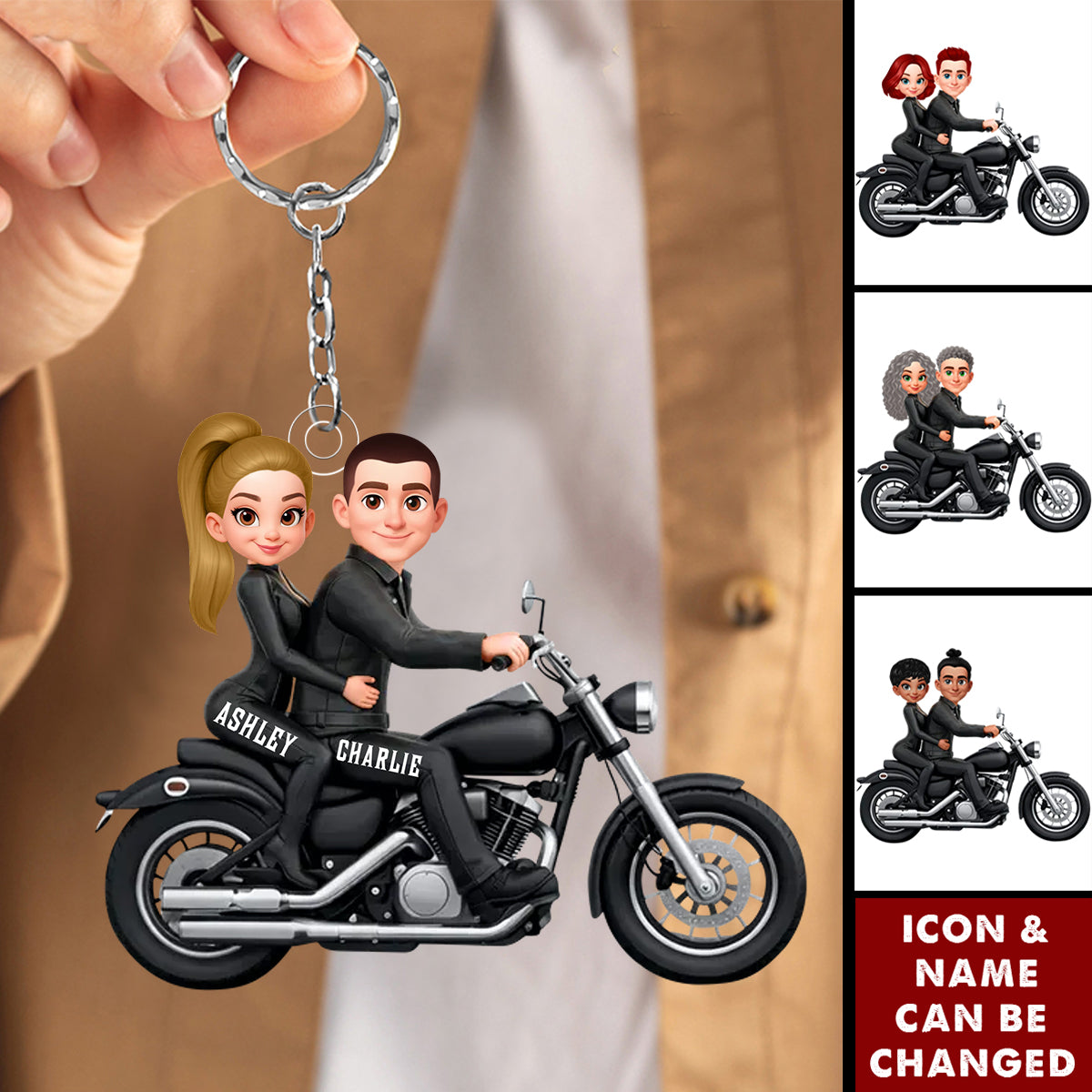 Personalized Motorcycle Biker Couple Acrylic Keychain With Names & Icons - Valentine's Day Anniversary Gift For Biker Lovers & Riders