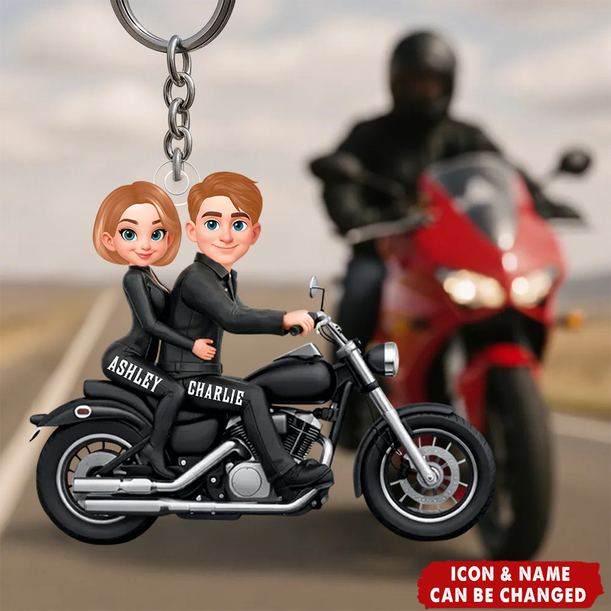 Personalized Motorcycle Biker Couple Acrylic Keychain With Names & Icons - Valentine's Day Anniversary Gift For Biker Lovers & Riders