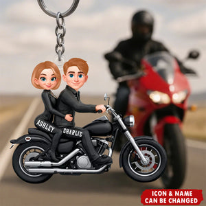 Personalized Motorcycle Biker Couple Acrylic Keychain With Names & Icons - Valentine's Day Anniversary Gift For Biker Lovers & Riders