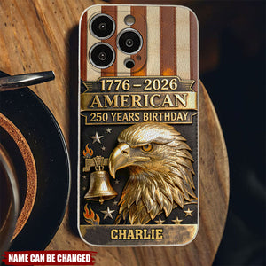 Personalized U.S. 250th Anniversary Leather Style Embossed Phone Case With Name & Bald Eagle - Independence Day Father's Day Gift For Dad