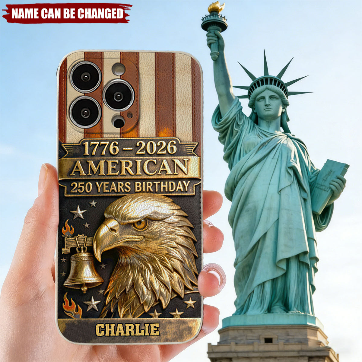 Personalized U.S. 250th Anniversary Leather Style Embossed Phone Case With Name & Bald Eagle - Independence Day Father's Day Gift For Dad