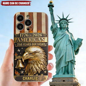 Personalized U.S. 250th Anniversary Leather Style Embossed Phone Case With Name & Bald Eagle - Independence Day Father's Day Gift For Dad