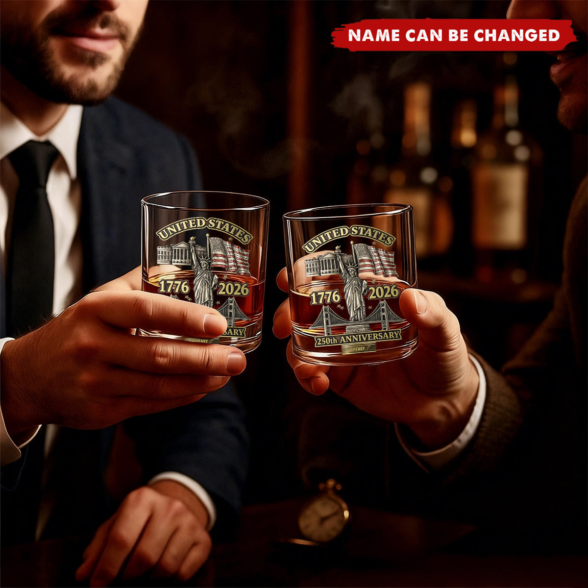 Personalized 250th Anniversary Patriotic Whiskey Glass With Name & 1776-2026 Design - Independence Day Father's Day Gift For Grandpa Dad