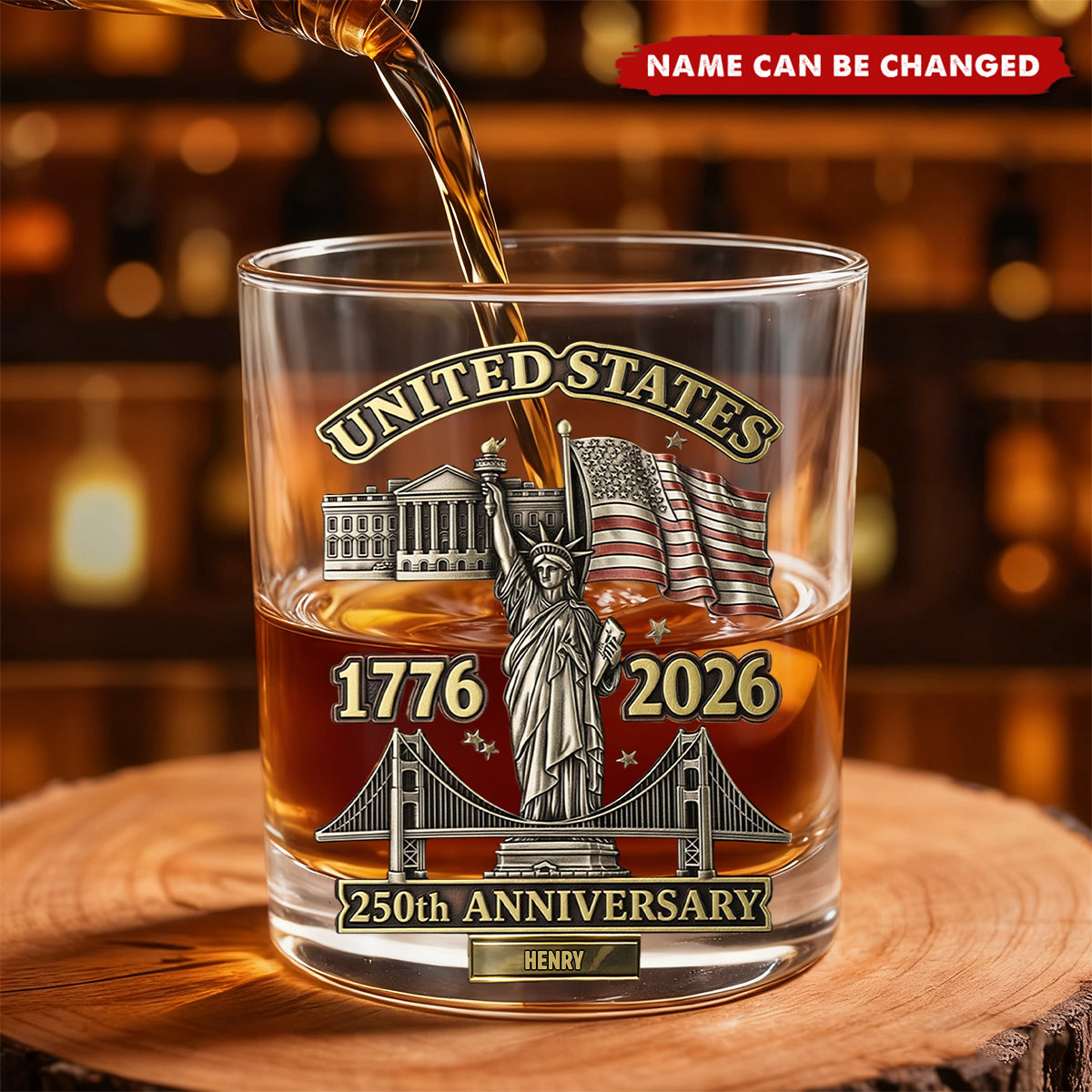 Personalized 250th Anniversary Patriotic Whiskey Glass With Name & 1776-2026 Design - Independence Day Father's Day Gift For Grandpa Dad