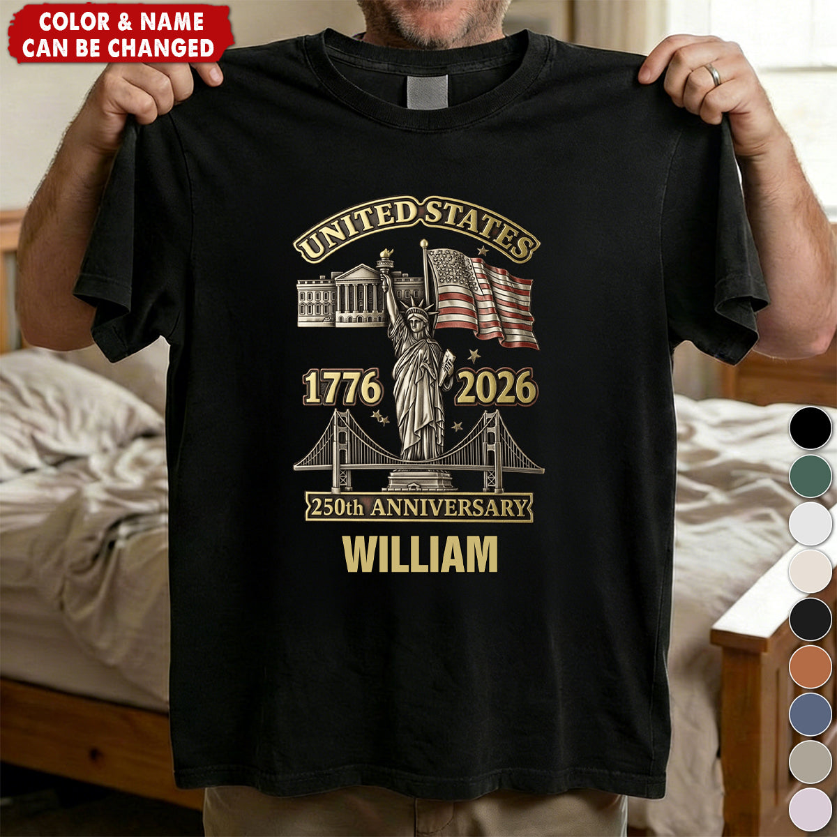 Personalized 250th Anniversary Patriotic Graphic T-Shirt With Name & National Landmarks - Independence Day Father’s Day Gift For Dad