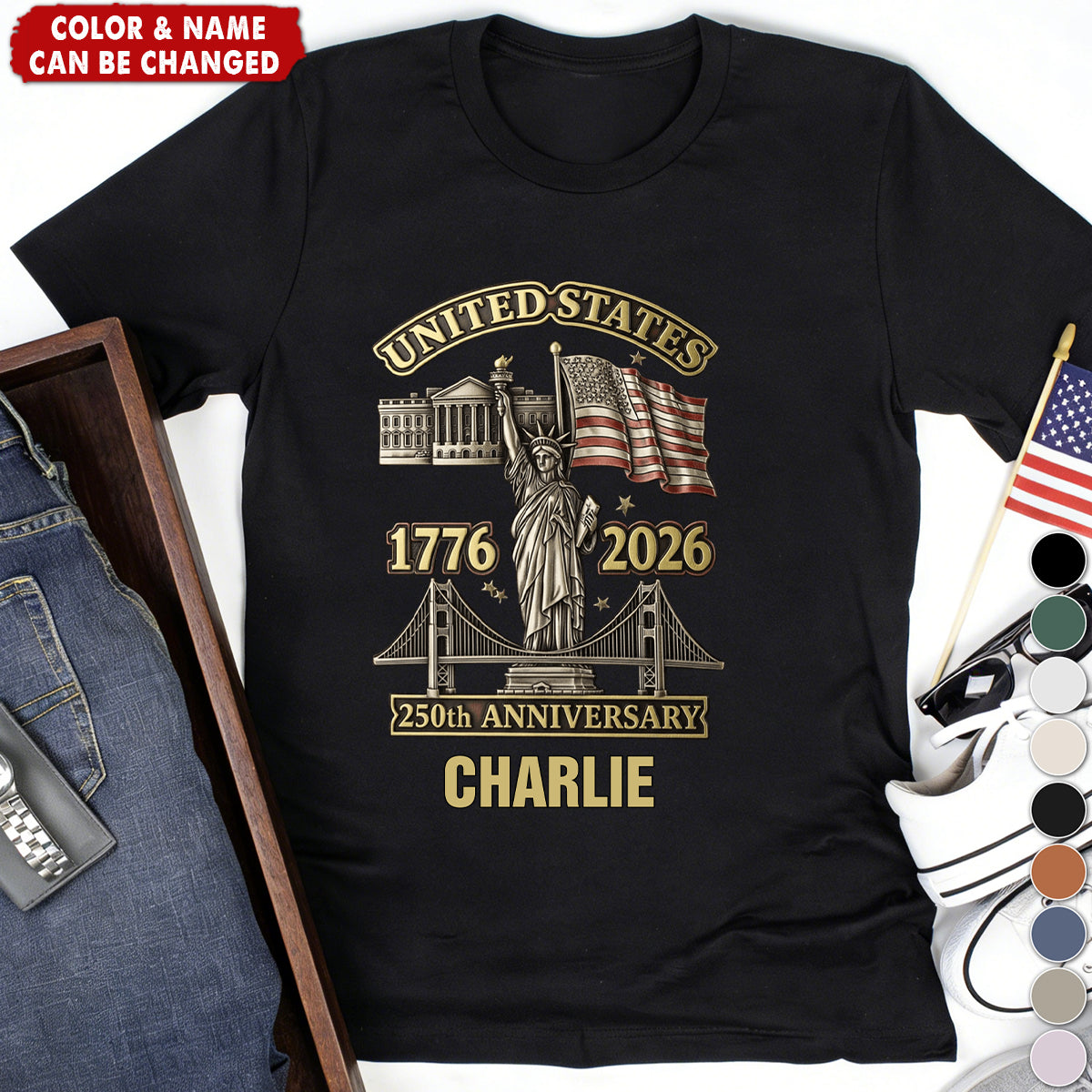 Personalized 250th Anniversary Patriotic Graphic T-Shirt With Name & National Landmarks - Independence Day Father’s Day Gift For Dad