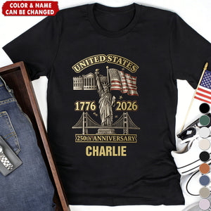 Personalized 250th Anniversary Patriotic Graphic T-Shirt With Name & National Landmarks - Independence Day Father’s Day Gift For Dad
