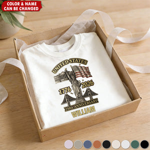 Personalized 250th Anniversary Patriotic Graphic T-Shirt With Name & National Landmarks - Independence Day Father’s Day Gift For Dad