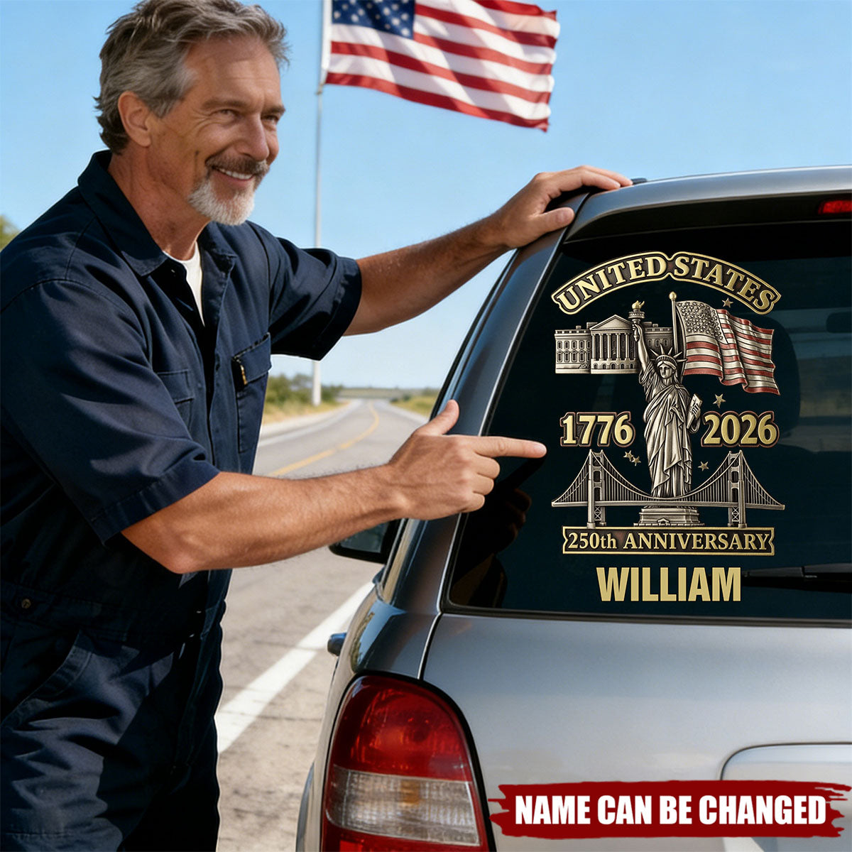 Personalized U.S. 250th Anniversary Patriotic Car Decal With Name & National Landmarks - Independence Day Decor For Proud Americans