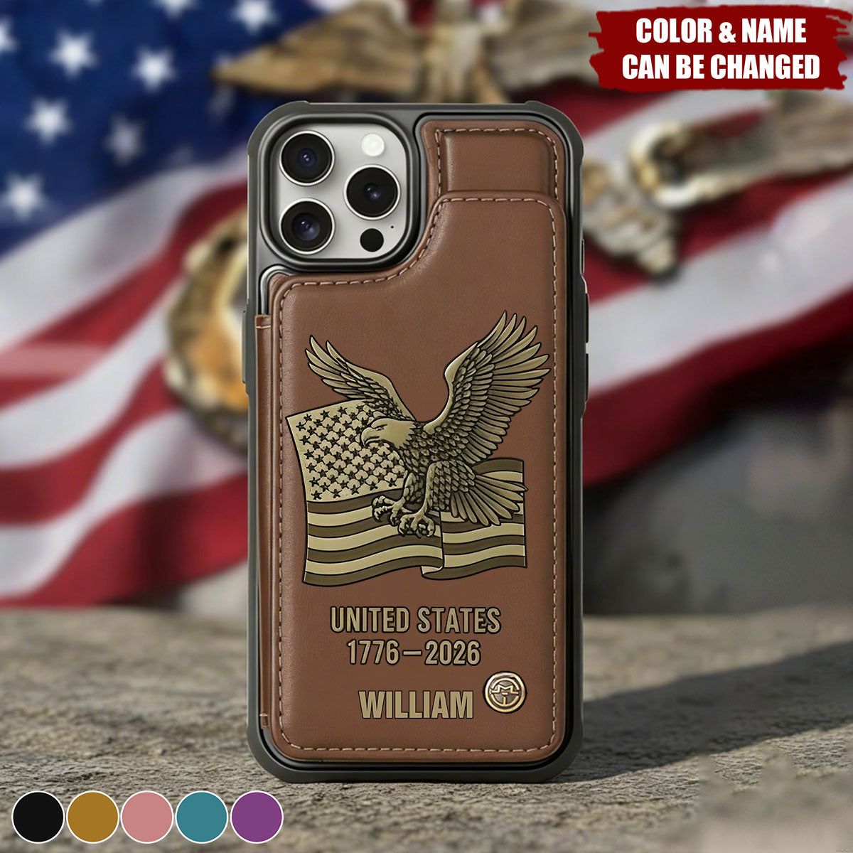 Personalized USA 250th Anniversary Leather Wallet Phone Case with Name & Color | Patriotic Father’s Day & Birthday Gift For Dad Husband & Veterans