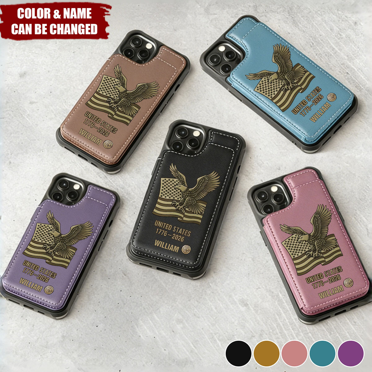 Personalized USA 250th Anniversary Leather Wallet Phone Case with Name & Color | Patriotic Father’s Day & Birthday Gift For Dad Husband & Veterans