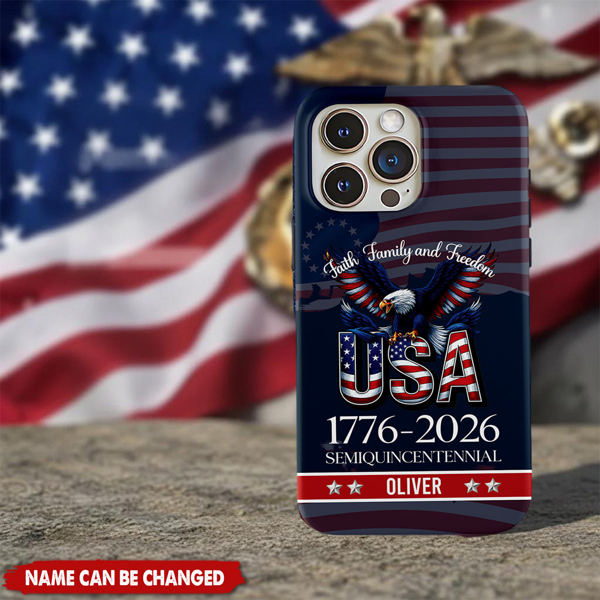 Personalized Faith Family & Freedom Phone Case With Name & Model Number | Commemorative 2026 US 250th Anniversary Gift For Family & Friends