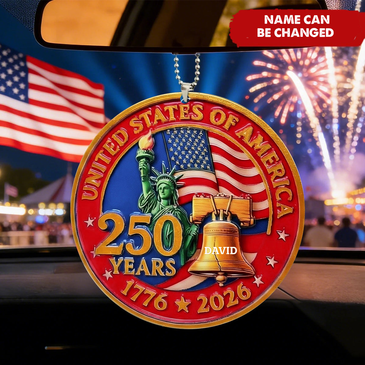 Personalized USA 250th Anniversary Liberty Bell Car Ornament With Name | Commemorative 1776-2026 Patriotic Gift For Veterans & Proud Americans