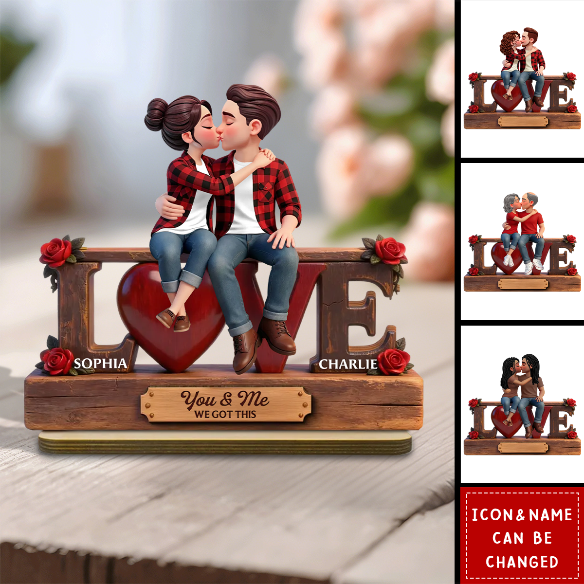 Personalized Eternal Rose LOVE Couple Forever Together Wooden Plaque With Names & Icons | Heartfelt Valentine's Day Anniversary Gift For Couples