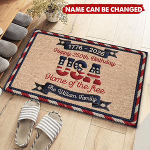 Personalized Faux Yarn Texture Welcome Doormat With Family Name & Quote | Patriotic USA 250th Birthday 2026 Celebration Gift For Family