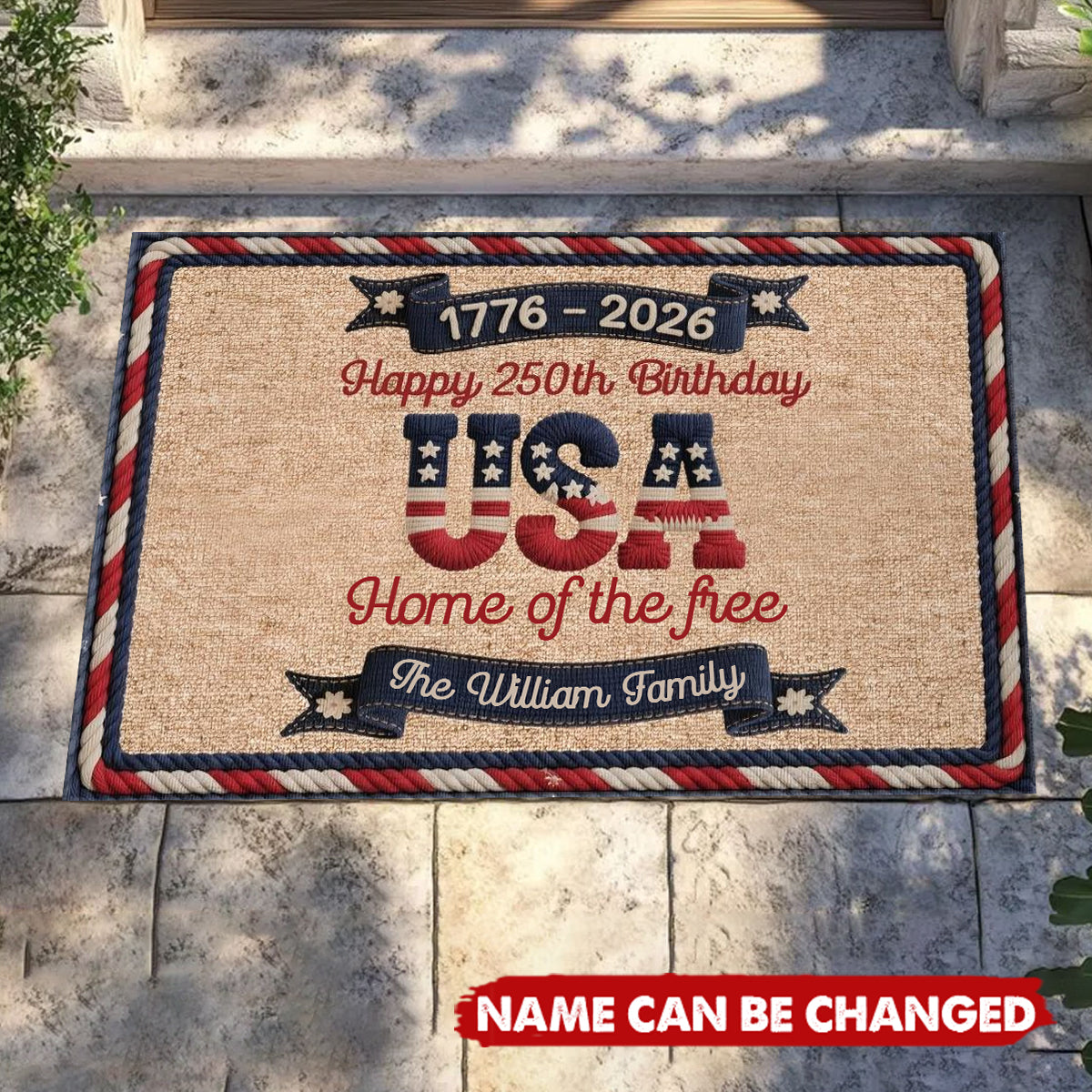 Personalized Faux Yarn Texture Welcome Doormat With Family Name & Quote | Patriotic USA 250th Birthday 2026 Celebration Gift For Family