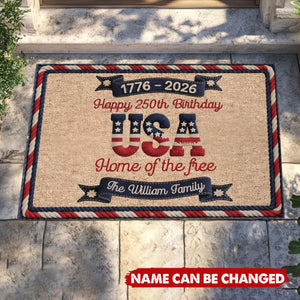 Personalized Faux Yarn Texture Welcome Doormat With Family Name & Quote | Patriotic USA 250th Birthday 2026 Celebration Gift For Family
