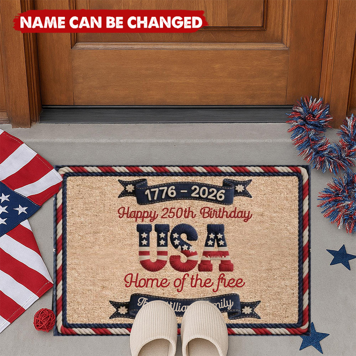 Personalized Faux Yarn Texture Welcome Doormat With Family Name & Quote | Patriotic USA 250th Birthday 2026 Celebration Gift For Family