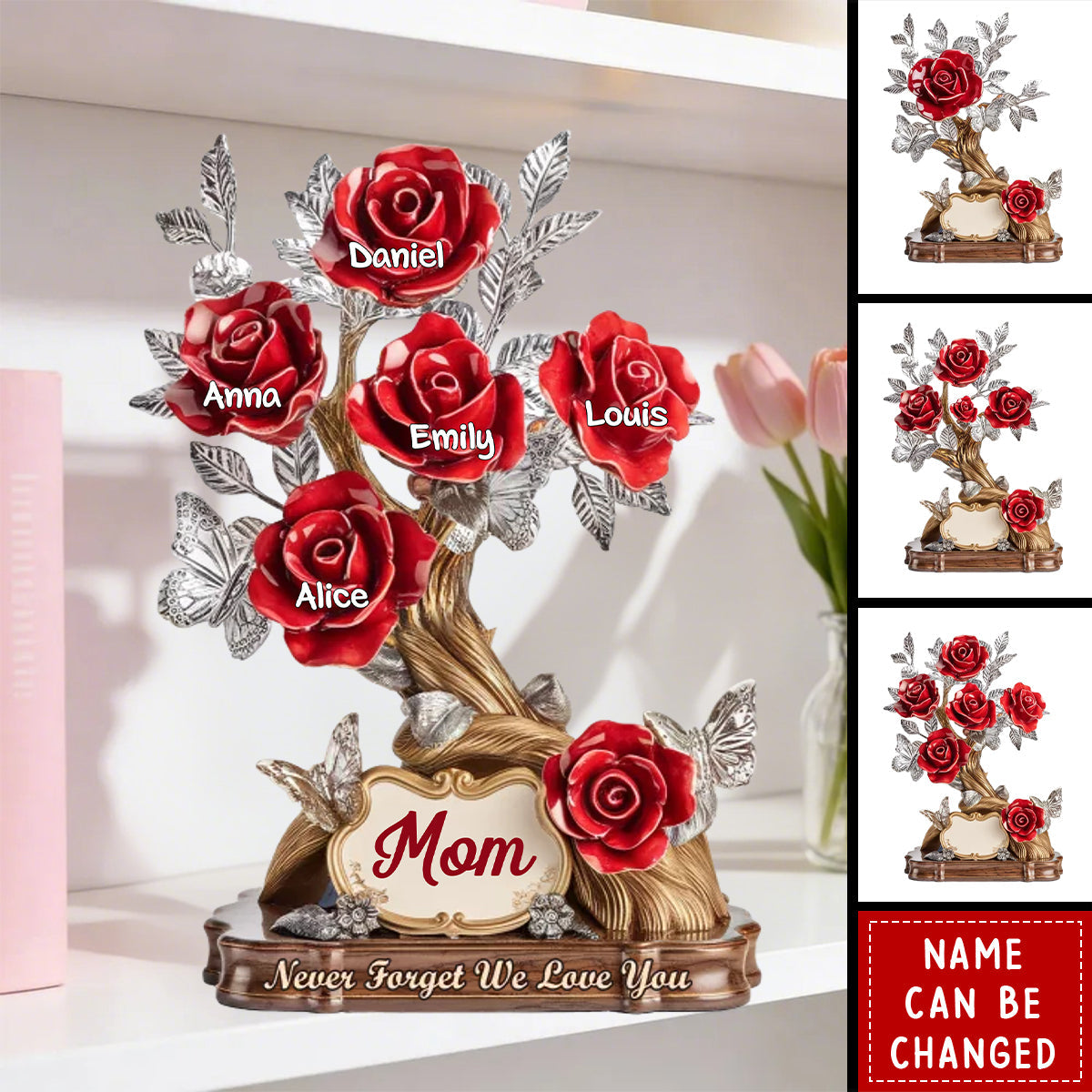 Personalized Silver Butterfly & Floral Acrylic Plaque With Kids Names & Red Roses - Birthday Mother's Day Gift For Mom Or Grandma