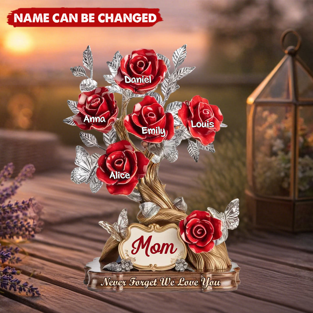 Personalized Silver Butterfly & Floral Acrylic Plaque With Kids Names & Red Roses - Birthday Mother's Day Gift For Mom Or Grandma