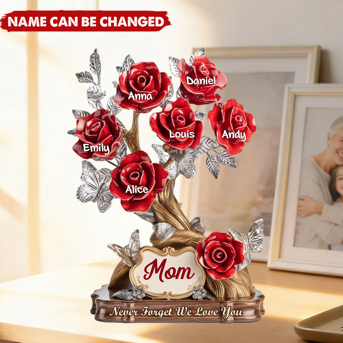 Personalized Silver Butterfly & Floral Acrylic Plaque With Kids Names & Red Roses - Birthday Mother's Day Gift For Mom Or Grandma