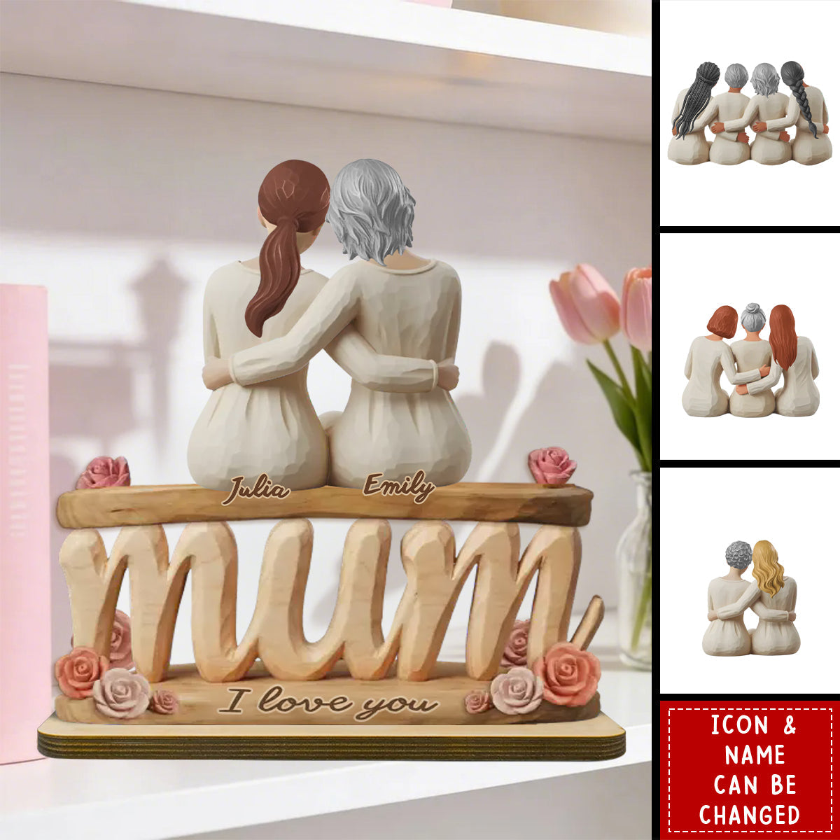 Personalized Hand-Carved Style 2-Layered Wooden Plaque With Names & Mother-Daughter Icons - Creative Mother's Day Gift For Mom & Grandma