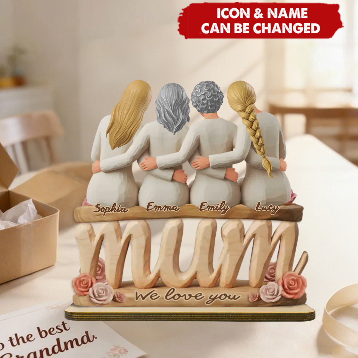 Personalized Hand-Carved Style 2-Layered Wooden Plaque With Names & Mother-Daughter Icons - Creative Mother's Day Gift For Mom & Grandma